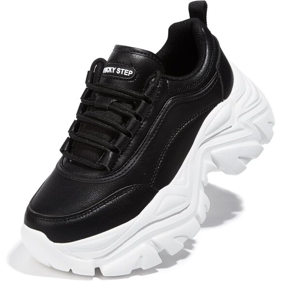 Women's Black/White Chunky Rubber Platform Casual Lace-Up Walking Sneaker Shoes - Picture 1 of 9
